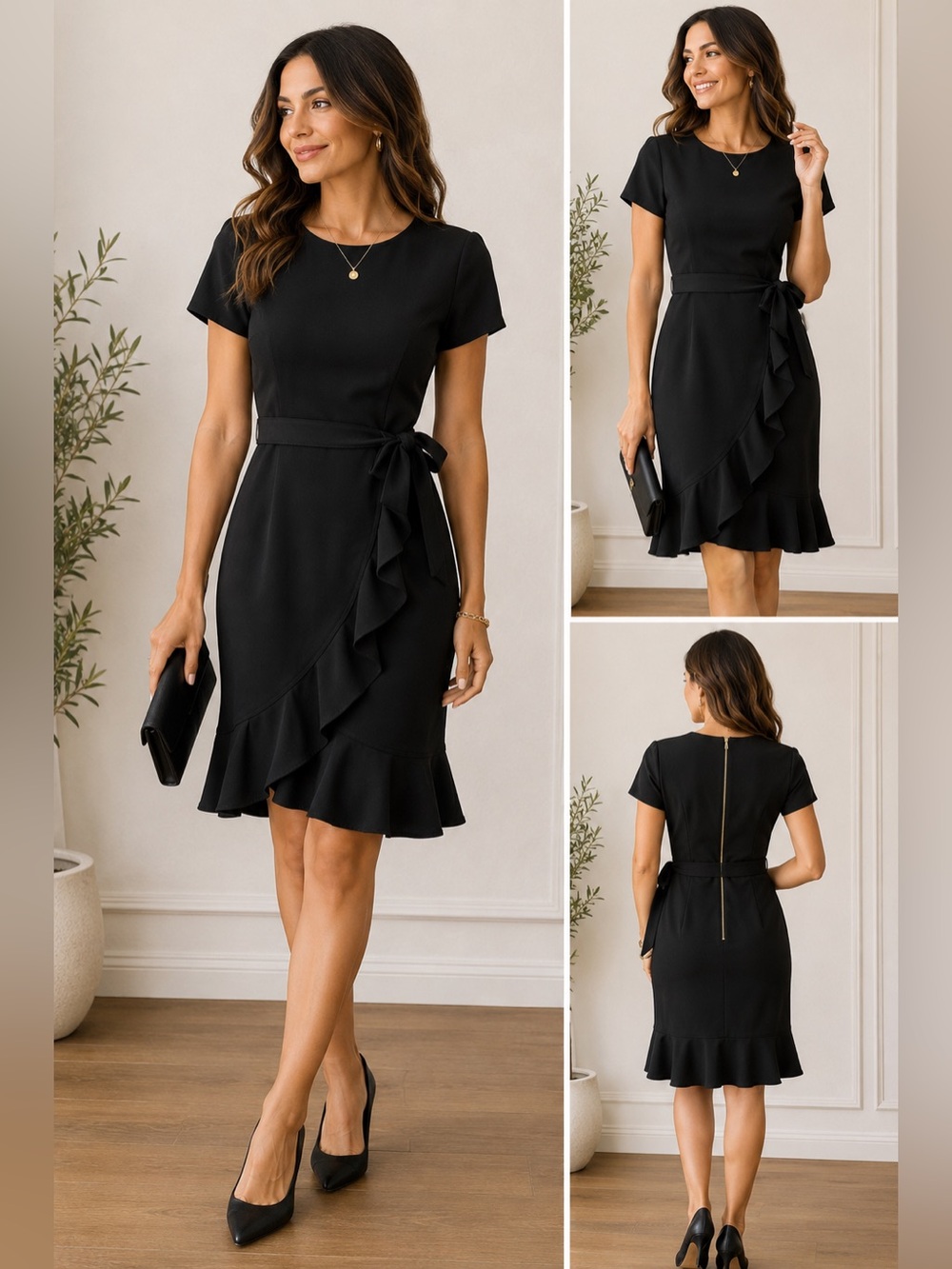 Calvin Klein Black Ruffle Wrap Midi Dress